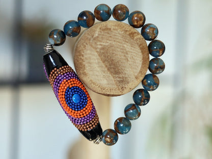 Vaḍā Bīḍa collection - Great 10 mm Aqua Aura Quartz bracelet and big Handmade Indonesia Bead. Powerbeads to enhance the spiritual well-being