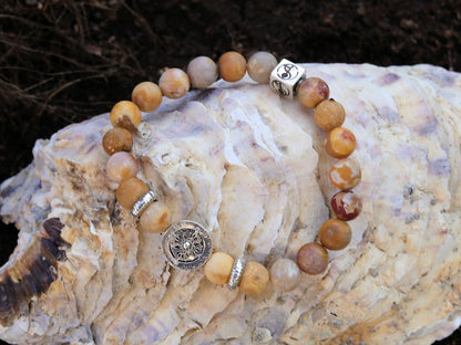 Sterling 925 Silver - Wonderful Frosted Genuine Natural Matte Picture Jasper and  s925 Silver Punk Cross Bead. that can stimulate visions
