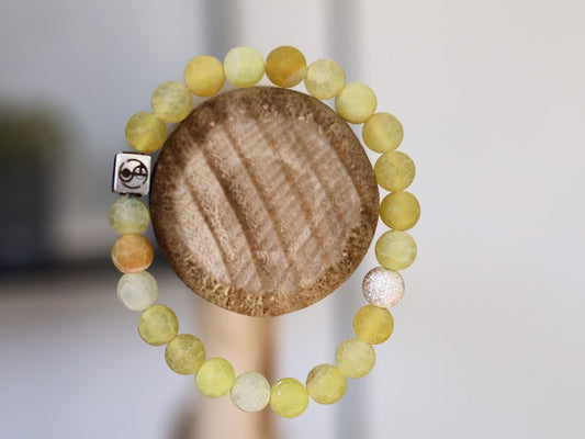 Sterling 925 Silver - Unannounced Effloresce Yellow Agate gemstone bracelet with Sterling Silver Stardust Round Bead. happiness/ prosperity