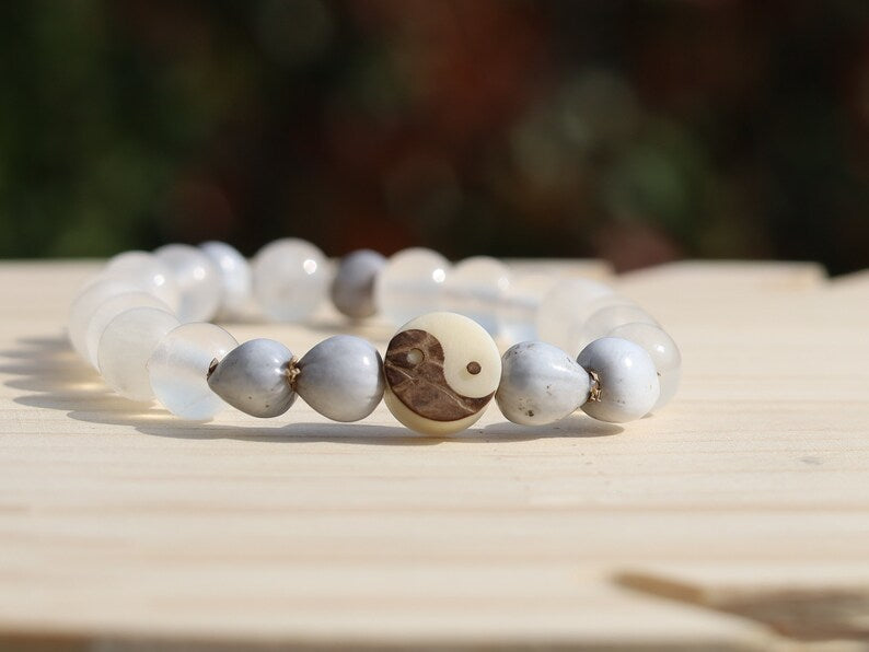 Admirable High Quality Grade A Natural White Selenite bracelet with unique Job's Tears - Vaijayanti - Imfinbinga seads.