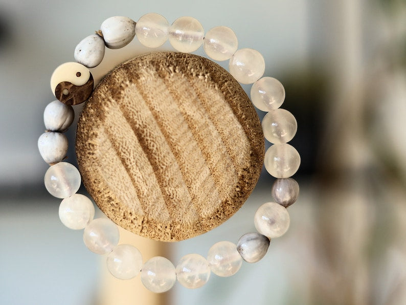 Admirable High Quality Grade A Natural White Selenite bracelet with unique Job's Tears - Vaijayanti - Imfinbinga seads.