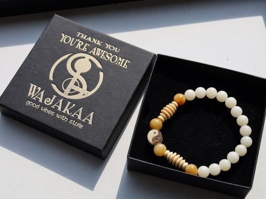 One of a kind Wajakaa bracelet! Real Rare Natural White Bodhi Root Round Beads with Candy Jade. With turned wooden beads (9 mm across)