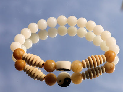 One of a kind Wajakaa bracelet! Real Rare Natural White Bodhi Root Round Beads with Candy Jade. With turned wooden beads (9 mm across)