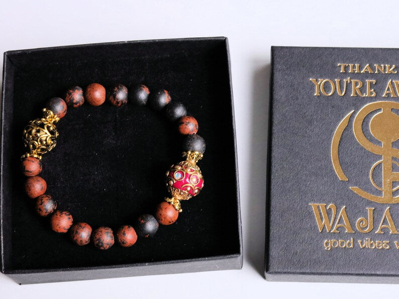 Śānadāra Jewel Collection - Wonderful Natural Mahogany Jasper Matte bracelet with Handmade Grade A Rhinestone Indonesia Bead.