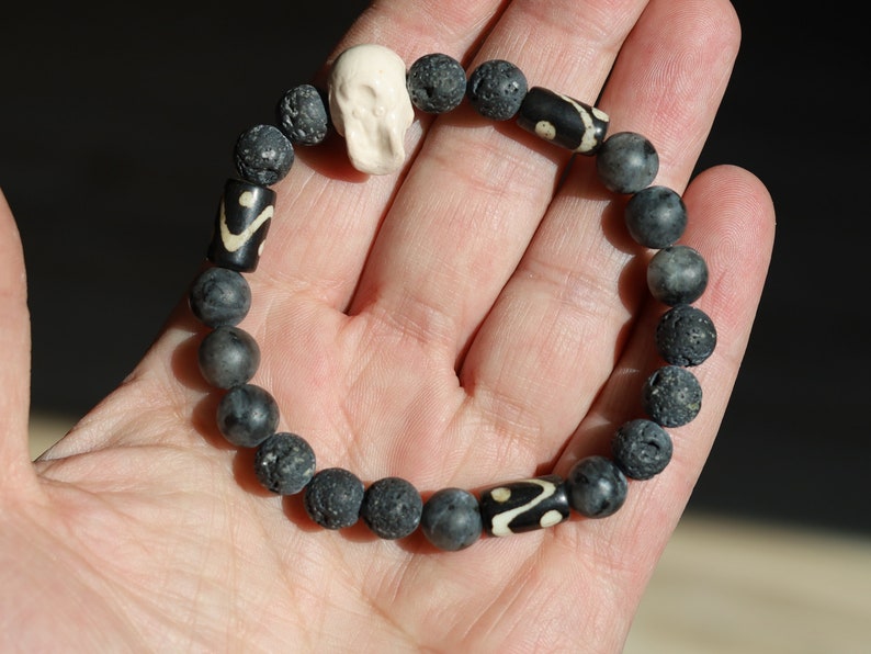 Rough and tough collection: Grey/black Lava with  Yin Yang Skull and Labradorite. Considered a tremendously spiritual stone.