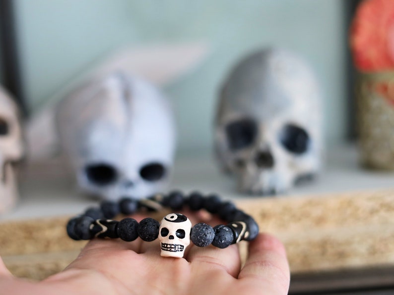 Rough and tough collection: Grey/black Lava with  Yin Yang Skull and Labradorite. Considered a tremendously spiritual stone.