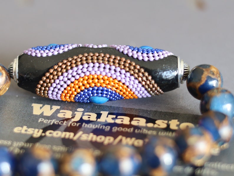 Vaḍā Bīḍa collection - Peerless Dark Blue Quartz bracelet with beautiful Rice Handmade Indonesia Bead. Wrist Mala Bracelets . Mala Necklaces