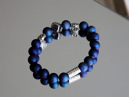 Astonishing Natural Druzy Blue Agate Beads bracelet. With  Stainless Steel Bead and Antique Silver Tone Spacer Bead Round Tube.