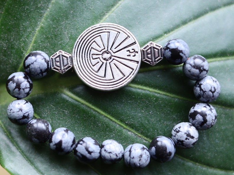 Astonishing Snowflake Obsidian bracelet and Handmade Antique Silver Tone Spacer Bead. High Quality Elastic Beading Line Cord