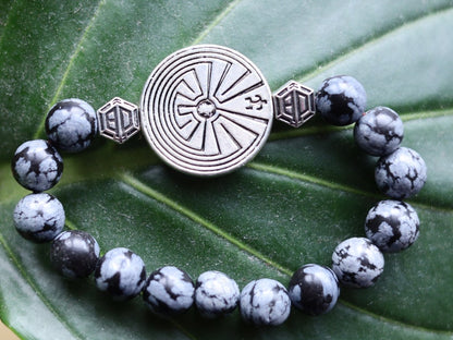 Astonishing Snowflake Obsidian bracelet and Handmade Antique Silver Tone Spacer Bead. High Quality Elastic Beading Line Cord