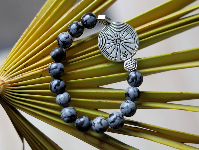 Astonishing Snowflake Obsidian bracelet and Handmade Antique Silver Tone Spacer Bead. High Quality Elastic Beading Line Cord
