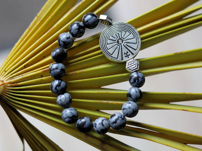Astonishing Snowflake Obsidian bracelet and Handmade Antique Silver Tone Spacer Bead. High Quality Elastic Beading Line Cord