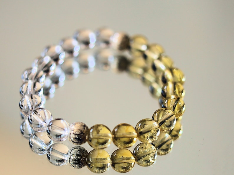 Sterling 925 Silver - Rock crystal and Golden Rutilated Quartz bracelet with 2 beautiful Silver Matte Round Beads.