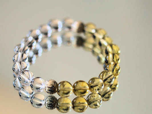 Sterling 925 Silver - Rock crystal and Golden Rutilated Quartz bracelet with 2 beautiful Silver Matte Round Beads.