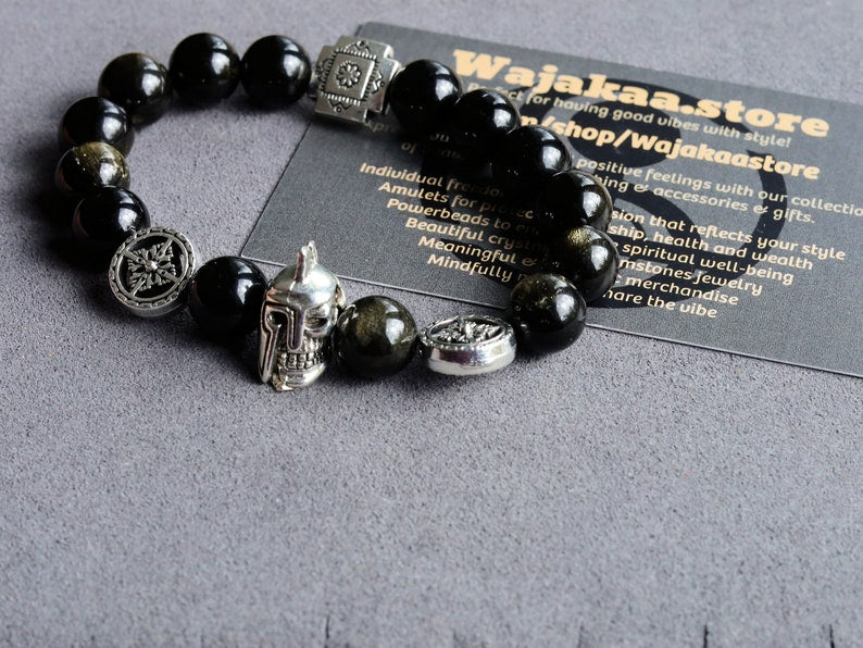 bLACKLINE SERIES Rainbow Obsidian Bracelet combined with warrior knight skull.  Brings hope, illumination, and energy
