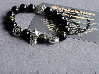 bLACKLINE SERIES Rainbow Obsidian Bracelet combined with warrior knight skull.  Brings hope, illumination, and energy