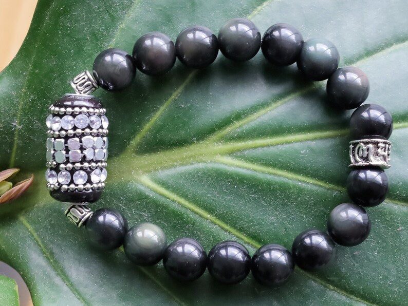 bLACKLINE SERIES Rainbow Obsidian Bracelet combined with Handmade Indonesia Bead, with Iron Chains, Rhinestone and Brass Findings