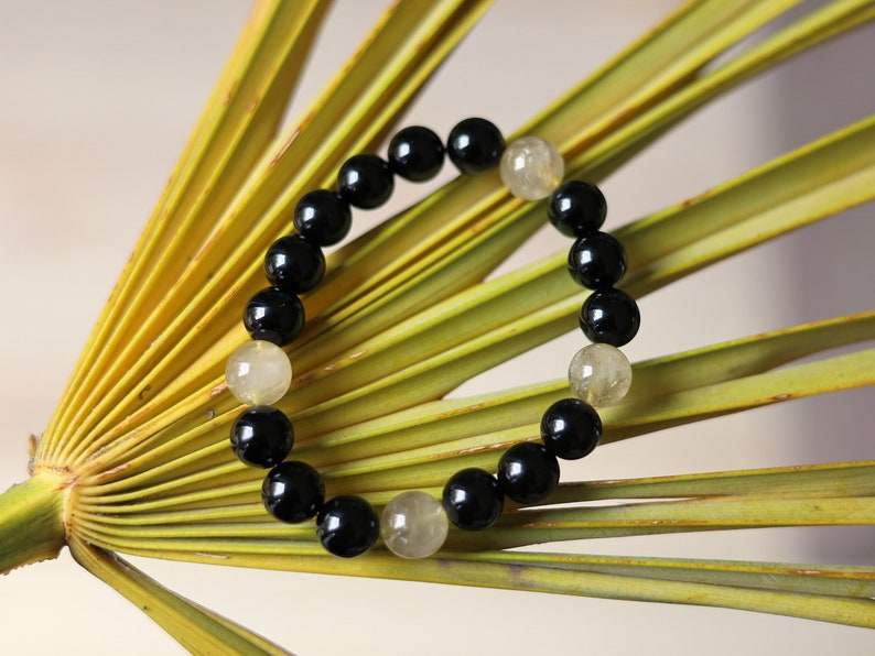 bLACKLINE SERIES Black Agate/  beautiful Rutilated quartz bracelets. Enhances creativity , the intellect, making it a beneficial stone