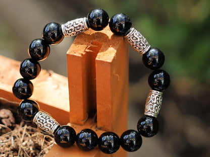 bLACKLINE SERIES Black Agate combined with 4 Antique Silver Tone Spacer Beads Tubes. High Quality Elastic Beading Line Cord