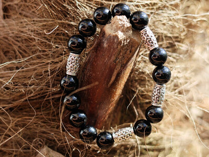 bLACKLINE SERIES Black Agate combined with 4 Antique Silver Tone Spacer Beads Tubes. High Quality Elastic Beading Line Cord