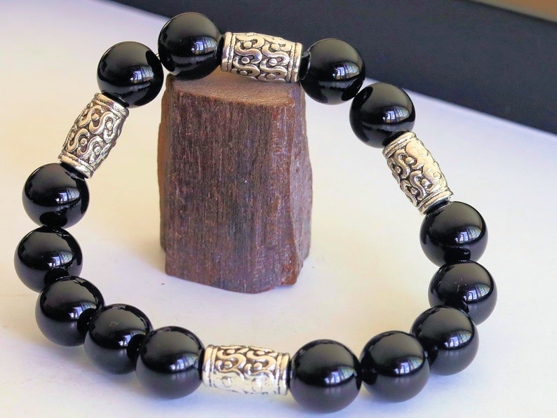 bLACKLINE SERIES Black Agate combined with 4 Antique Silver Tone Spacer Beads Tubes. High Quality Elastic Beading Line Cord