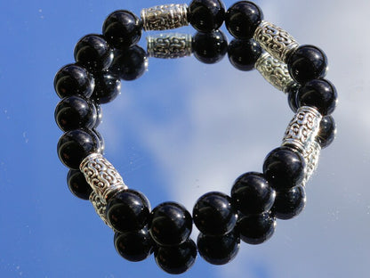 bLACKLINE SERIES Black Agate combined with 4 Antique Silver Tone Spacer Beads Tubes. High Quality Elastic Beading Line Cord