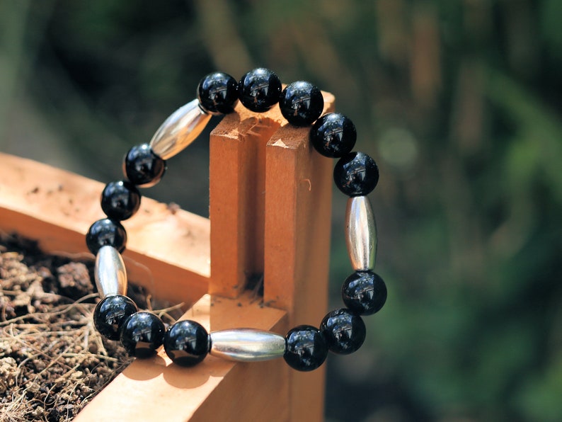 bLACKLINE SERIES Black Agate and 4x tube beads, made of high quality antique silver alloy, durable and sturdy, full of mysterious feeling