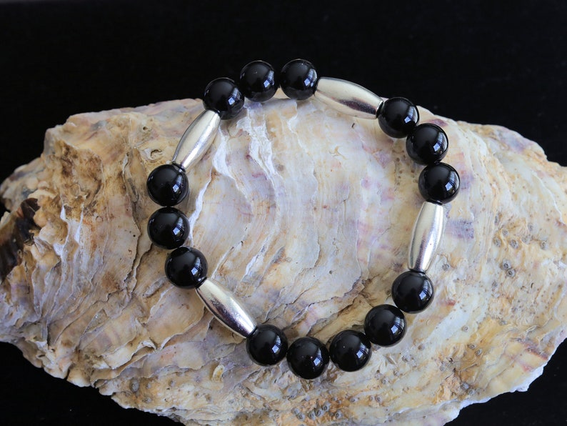 bLACKLINE SERIES Black Agate and 4x tube beads, made of high quality antique silver alloy, durable and sturdy, full of mysterious feeling