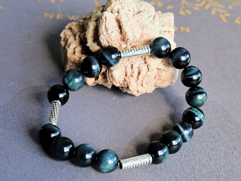 bLACKLINE SERIES Black Blue Green Tiger's Eye Bracelet 10mm Very Dark Black And Blue Tiger's Eye Beaded Gemstone Bracelet Jewelry