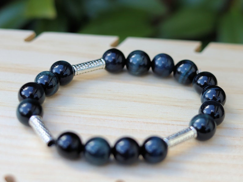 bLACKLINE SERIES Black Blue Green Tiger's Eye Bracelet 10mm Very Dark Black And Blue Tiger's Eye Beaded Gemstone Bracelet Jewelry