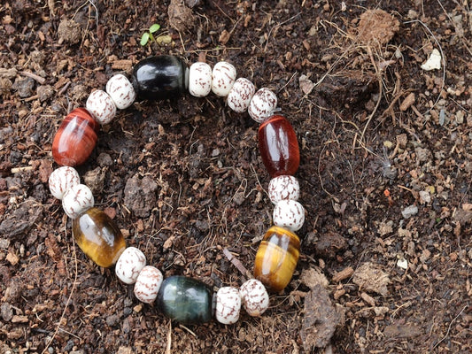 Natural Tri color Tiger Eye Stone Drum Bucket Beads bracelet with Well-formed Natural Starmoon Bodhi Barrel Beads.