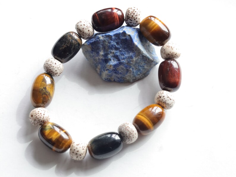 Bodhi Tri color Tiger Eye Stone Drum Bucket Beads bracelet with Well-formed Natural Starmoon Bodhi Barrel Beads. Super trendy for him & her