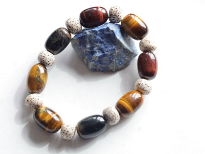 Bodhi Tri color Tiger Eye Stone Drum Bucket Beads bracelet with Well-formed Natural Starmoon Bodhi Barrel Beads. Super trendy for him & her