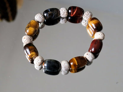 Bodhi Tri color Tiger Eye Stone Drum Bucket Beads bracelet with Well-formed Natural Starmoon Bodhi Barrel Beads. Super trendy for him & her