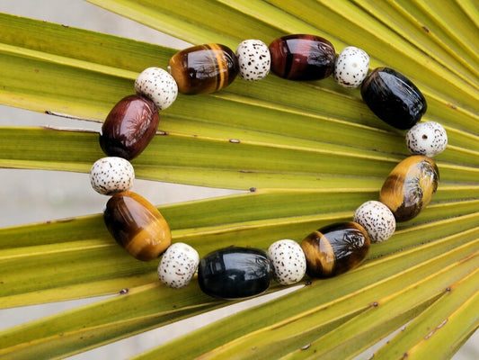Bodhi Tri color Tiger Eye Stone Drum Bucket Beads bracelet with Well-formed Natural Starmoon Bodhi Barrel Beads. Super trendy for him & her