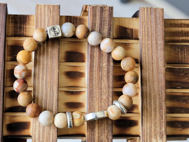 Sterling 925 Silver - Wonderful Frosted Genuine Natural Matte Picture Jasper and  s925 Silver Punk Cross Bead. that can stimulate visions