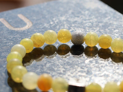 Sterling 925 Silver - Unannounced Effloresce Yellow Agate gemstone bracelet with Sterling Silver Stardust Round Bead. happiness/ prosperity