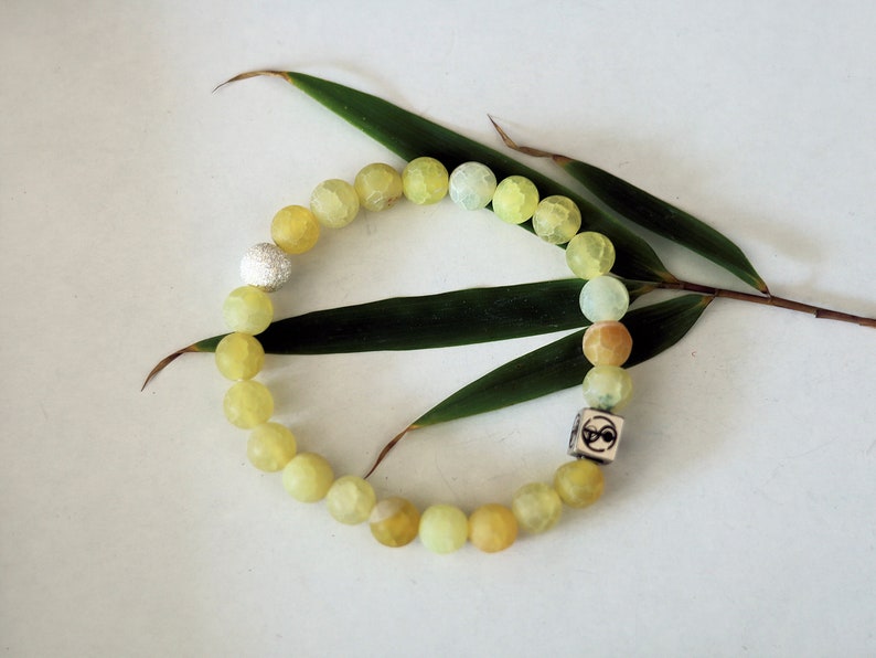 Sterling 925 Silver - Unannounced Effloresce Yellow Agate gemstone bracelet with Sterling Silver Stardust Round Bead. happiness/ prosperity
