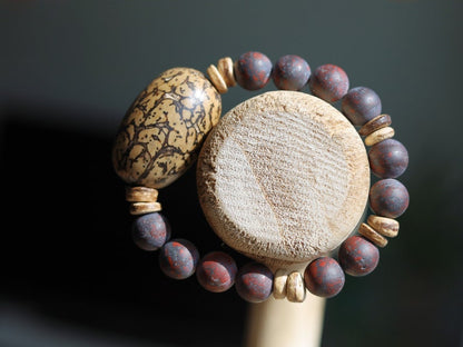 Remarkable Natural Saffron Jasper Beads , High Quality in Matte Round combined with big Buddha Tree Seeds Bead.