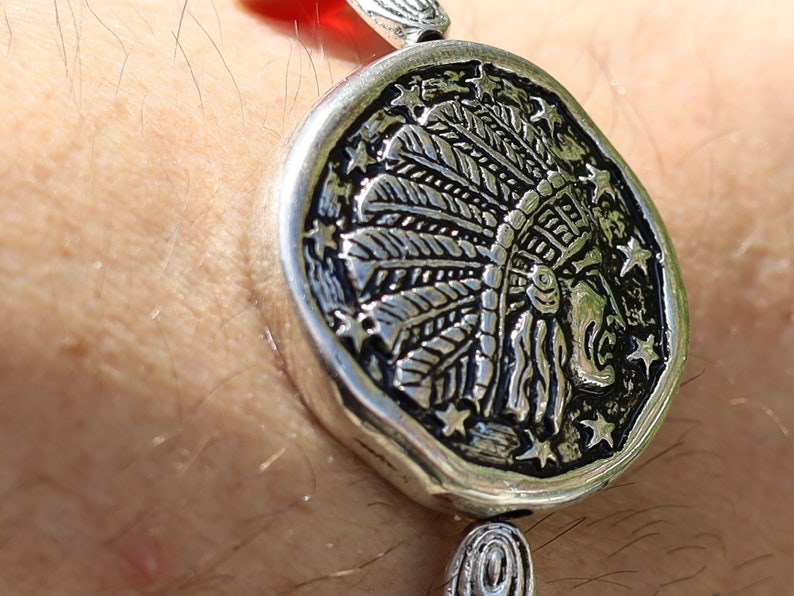 Top beautiful large & detailed Metal-look bead of a Native American Chief bracelet. Combined with Red/ black Agate beads.
