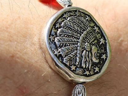 Top beautiful large & detailed Metal-look bead of a Native American Chief bracelet. Combined with Red/ black Agate beads.