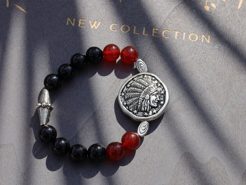 Top beautiful large & detailed Metal-look bead of a Native American Chief bracelet. Combined with Red/ black Agate beads.