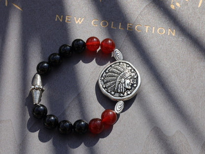 Top beautiful large & detailed Metal-look bead of a Native American Chief bracelet. Combined with Red/ black Agate beads.