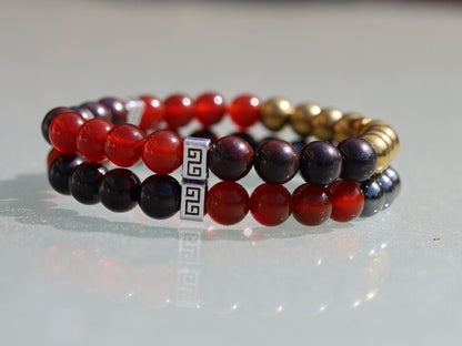 Cool Double row beaded bracelets. Two Row Stone Bracelets. Natural Bloodstone, Gold Hematite, Silver Hematite, Red Agate.