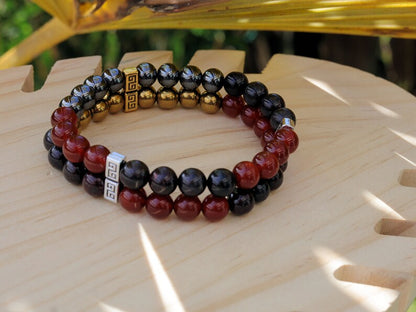 Cool Double row beaded bracelets. Two Row Stone Bracelets. Natural Bloodstone, Gold Hematite, Silver Hematite, Red Agate.