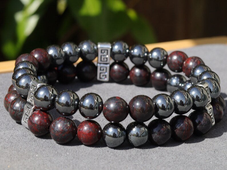 Dope Double row beaded bracelets. Two Row Stone Bracelets. Natural Bloodstone combined with Silver Hematite. most powerful gemstone to use