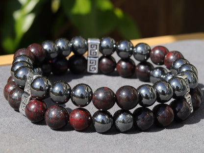 Dope Double row beaded bracelets. Two Row Stone Bracelets. Natural Bloodstone combined with Silver Hematite. most powerful gemstone to use