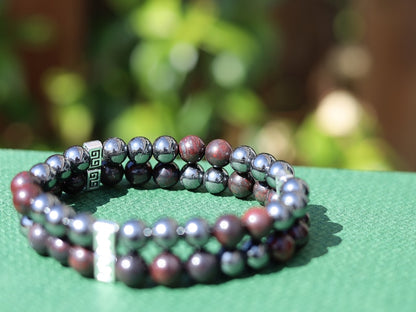 Dope Double row beaded bracelets. Two Row Stone Bracelets. Natural Bloodstone combined with Silver Hematite. most powerful gemstone to use