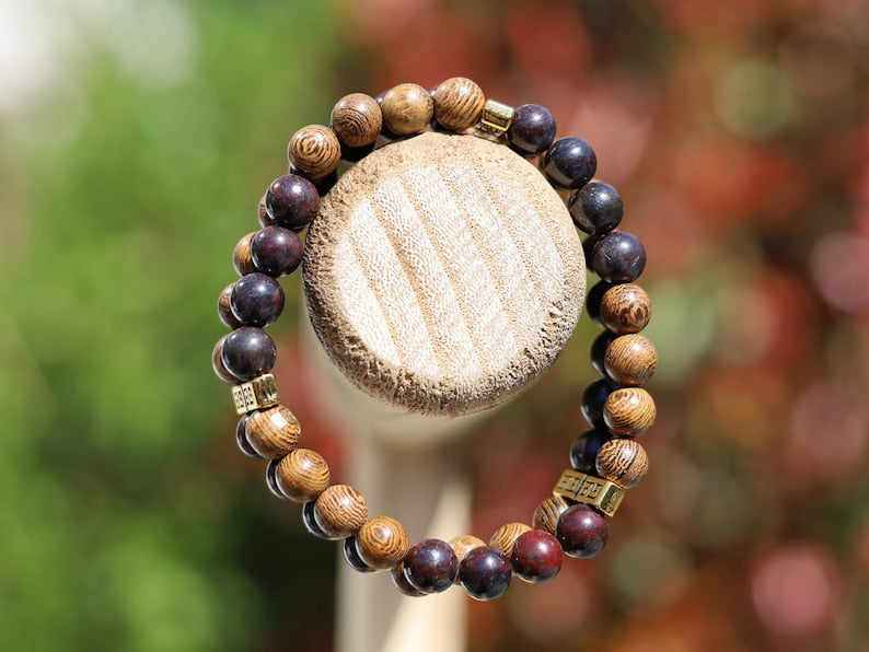 YOLO Double row beaded bracelets. Two Row Stone Bracelets. Natural Bloodstone combined with Natural Wenge Wood beads.