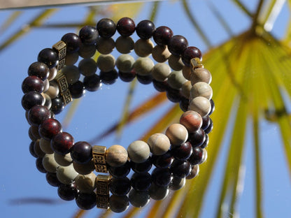 SIC Double row beaded bracelets. Two Row Stone Bracelets. Natural Bloodstone combined with Silver leaf Jasper. hole-body wellness stone